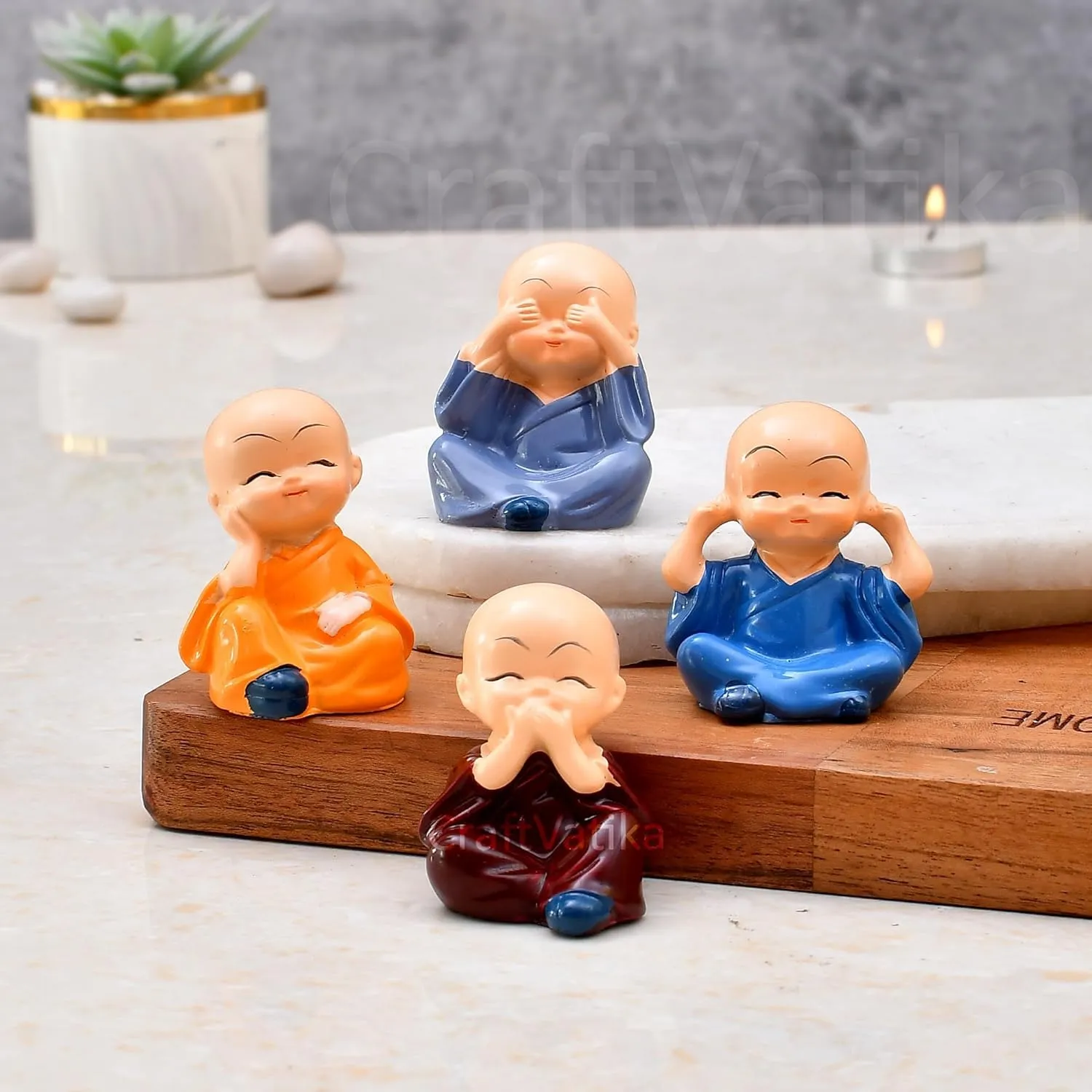 Buddha Monk Set of 4 Statue Figurines Home Decor Items, Decorative Items for Home,Showpiece Cute Mini Idol for Car Dashboard Table Top Decoration item Living Bedroom Office Gift